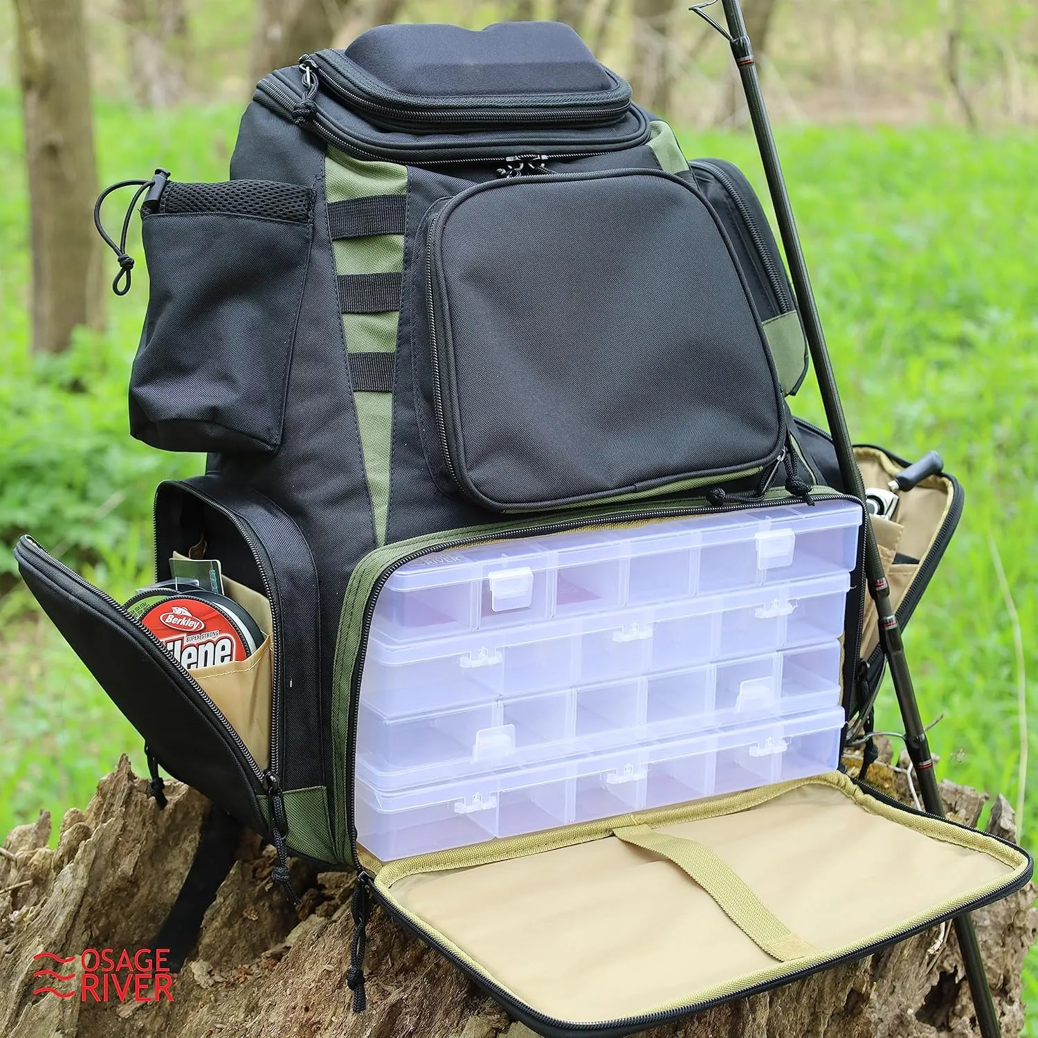 OSAGE RIVER Fishing Backpack, Fits 4 Large Tackle Boxes MOLLE Webbing Rod Holder Waterproof Cover, Includes Pliers Flashlight
