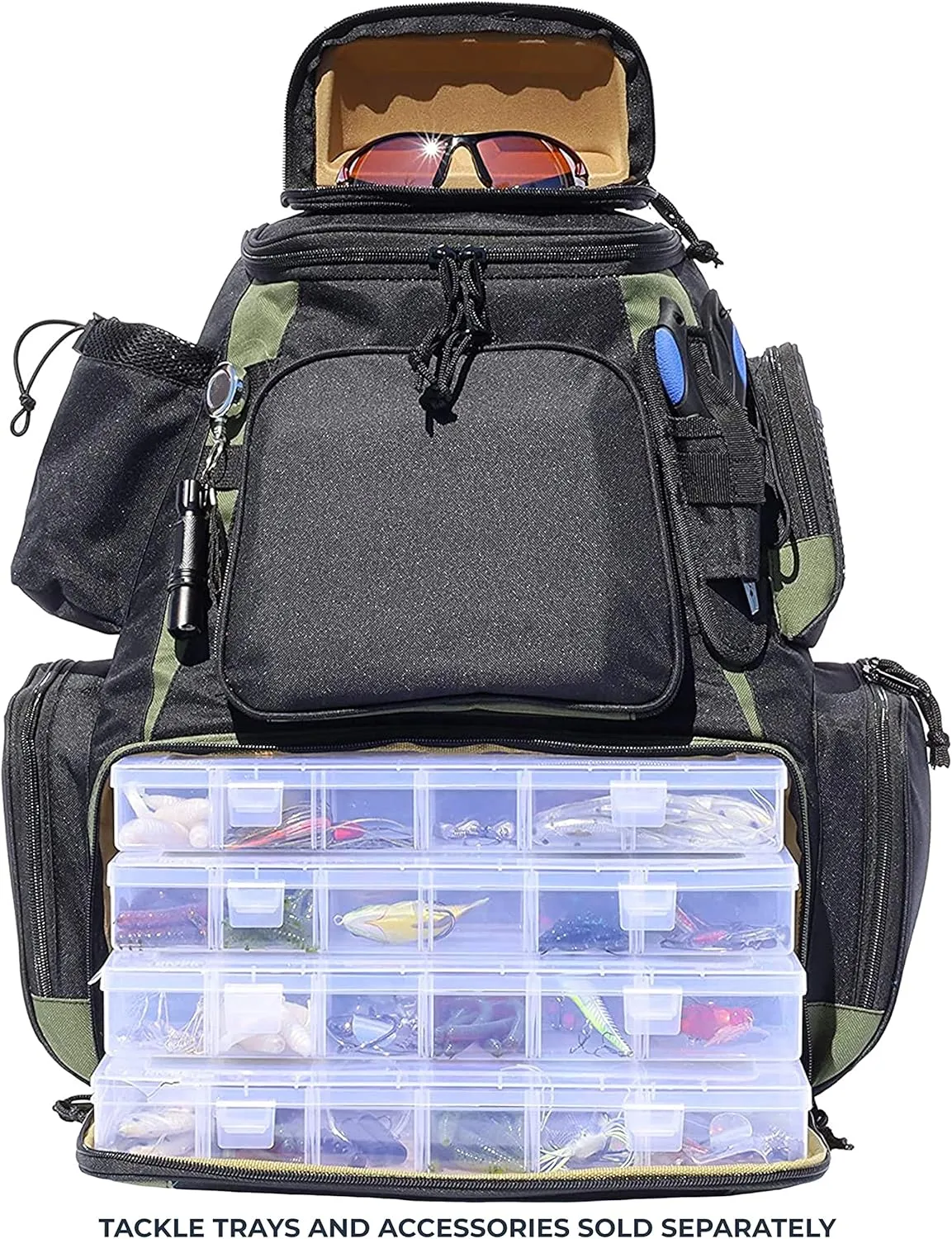 OSAGE RIVER Fishing Backpack, Fits 4 Large Tackle Boxes MOLLE Webbing Rod Holder Waterproof Cover, Includes Pliers Flashlight