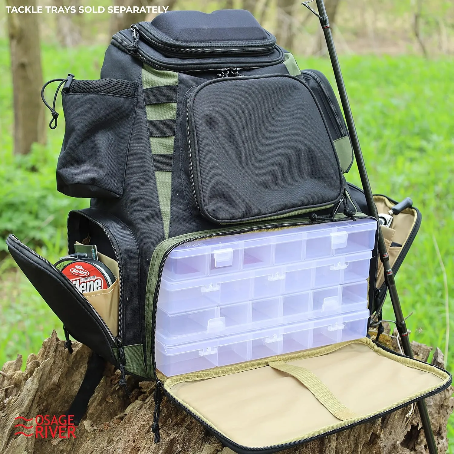 OSAGE RIVER Fishing Backpack, Fits 4 Large Tackle Boxes MOLLE Webbing Rod Holder Waterproof Cover, Includes Pliers Flashlight