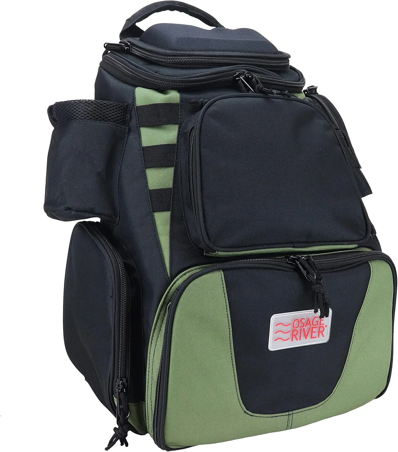 OSAGE RIVER Fishing Backpack, Fits 4 Large Tackle Boxes MOLLE Webbing Rod Holder Waterproof Cover, Includes Pliers Flashlight