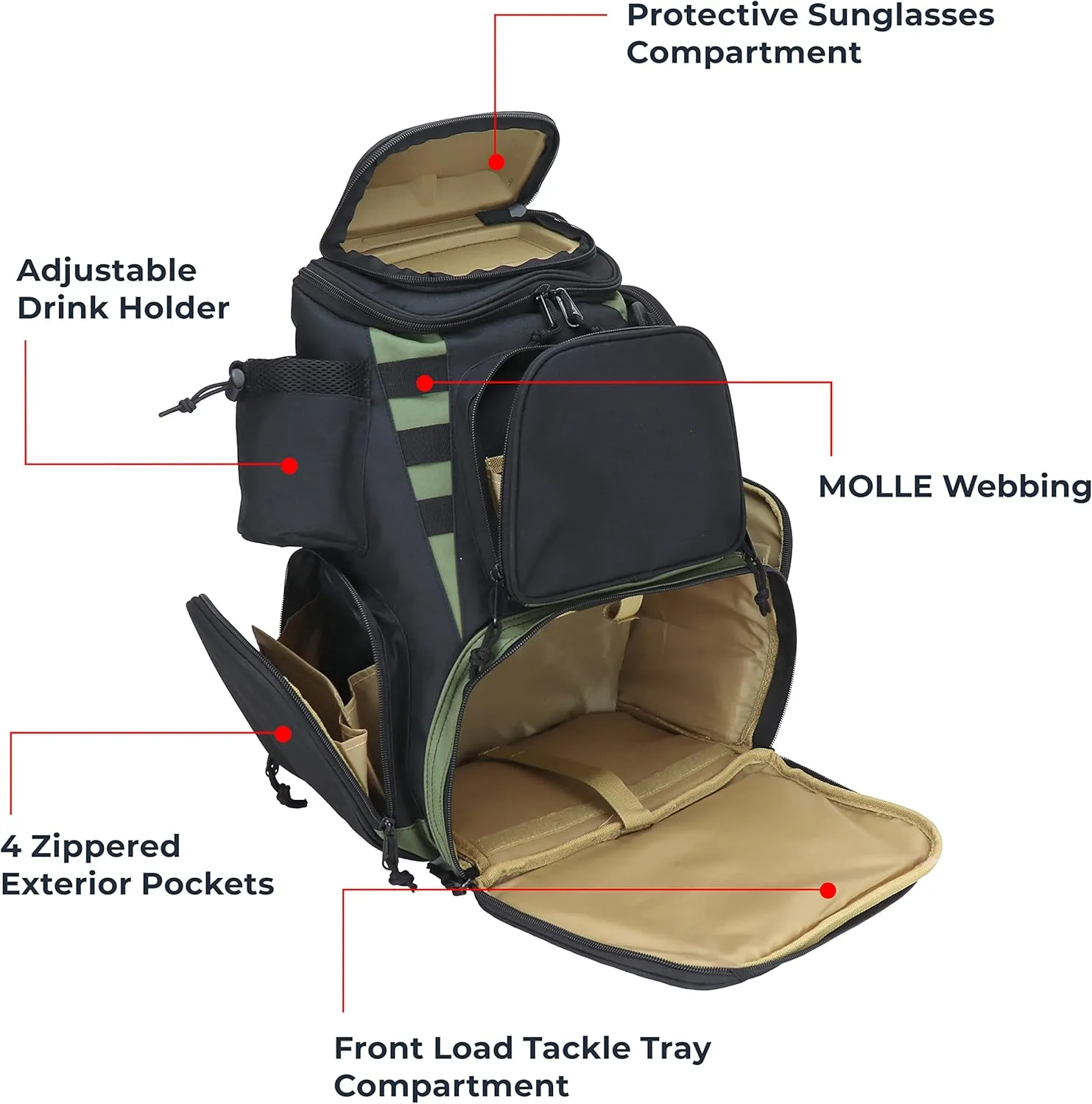 OSAGE RIVER Fishing Backpack, Fits 4 Large Tackle Boxes MOLLE Webbing Rod Holder Waterproof Cover, Includes Pliers Flashlight