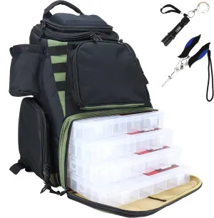 OSAGE RIVER Fishing Backpack, Fits 4 Large Tackle Boxes MOLLE Webbing Rod Holder Waterproof Cover, Includes Pliers Flashlight