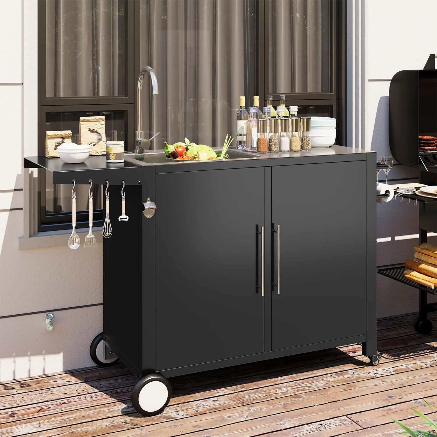 Outdoor Kitchen Sink with Hose Hook up, Stainless Steel Grill Prep Table Kitchen Cabinets Island, Rolling Pizza Oven Stand BBQ Table for Garden, Backyard and Lawn