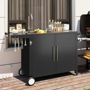 Outdoor Kitchen Sink with Hose Hook up, Stainless Steel Grill Prep Table Kitchen Cabinets Island, Rolling Pizza Oven Stand BBQ Table for Garden, Backyard and Lawn
