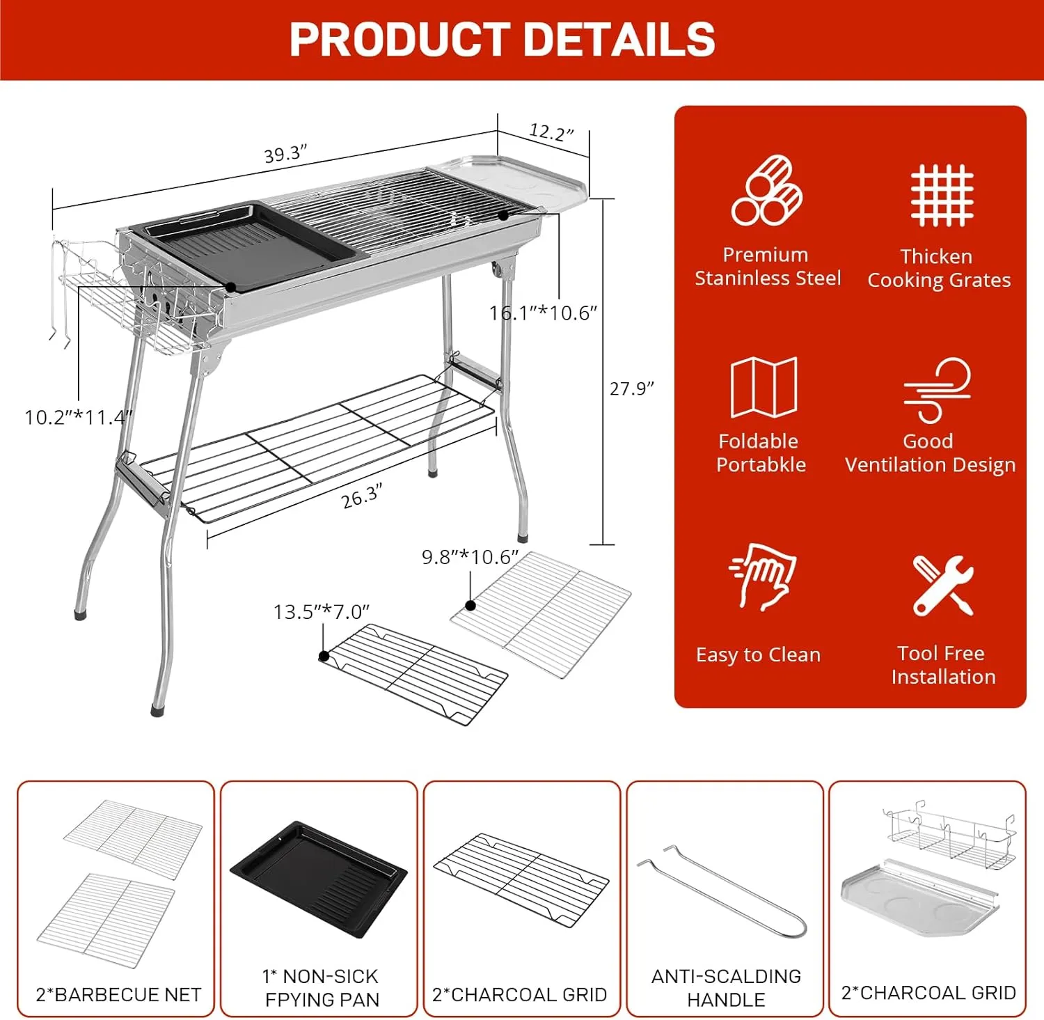 Outvita Portable Charcoal Grill, 39 x 12x 28" Foldable Barbecue Grill, Stainless Steel BBQ Grill for Outdoor Cooking Camping Hiking Picnic Garden Beach Party(Large)