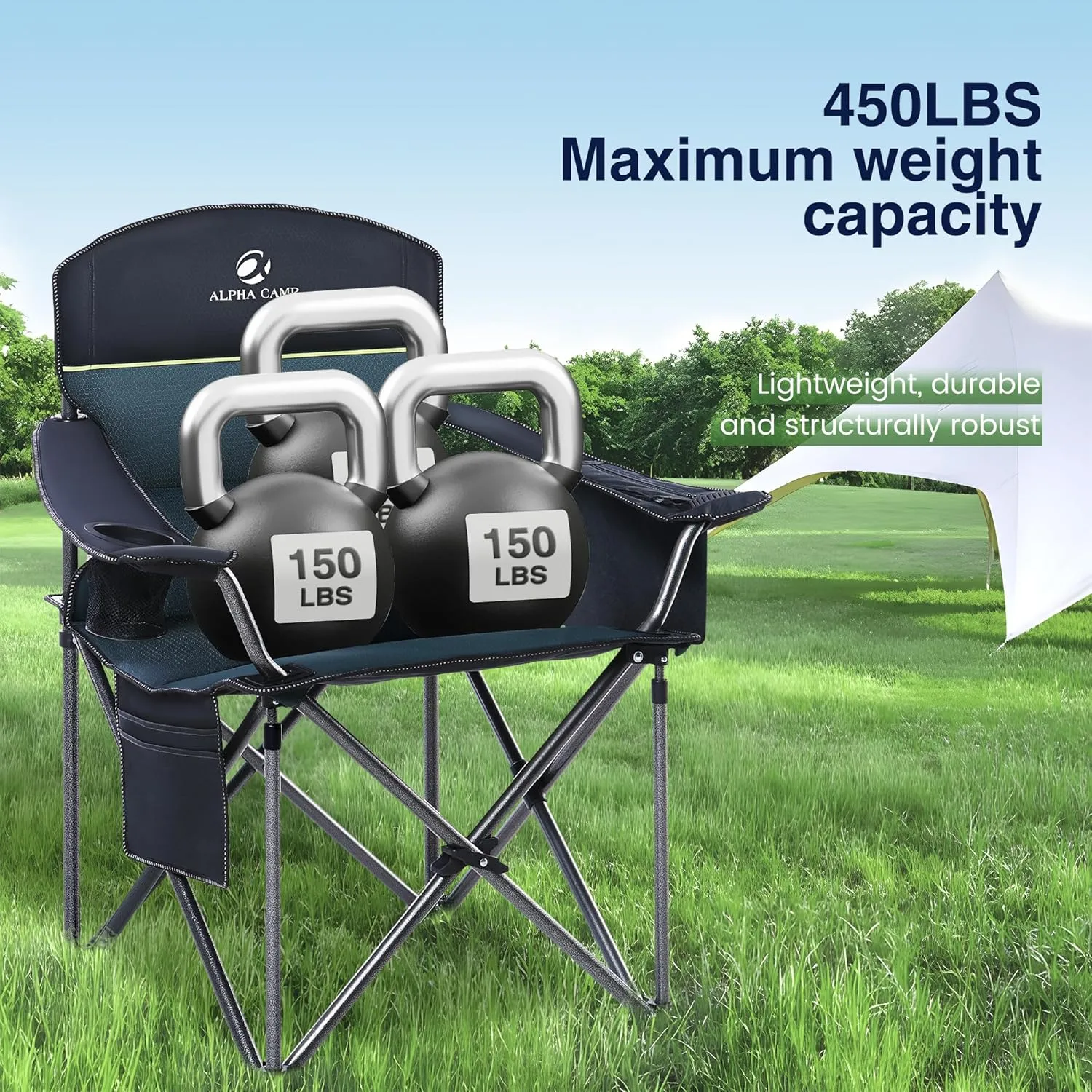Oversized Camping Folding Chair, Heavy Duty Portable Outdoor Chair, Foldable Camp Chair with Cup Holder and Cooler Bag Support 450 LBS, 2 Pack, Green