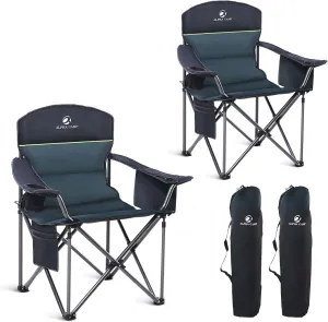 Oversized Camping Folding Chair, Heavy Duty Portable Outdoor Chair, Foldable Camp Chair with Cup Holder and Cooler Bag Support 450 LBS, 2 Pack, Green