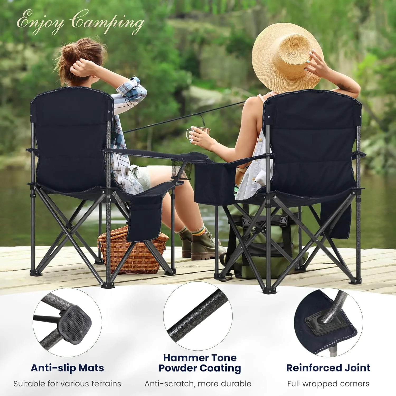 Oversized Camping Folding Chair, Heavy Duty Portable Outdoor Chair, Foldable Camp Chair with Cup Holder and Cooler Bag Support 450 LBS, 2 Pack, Green