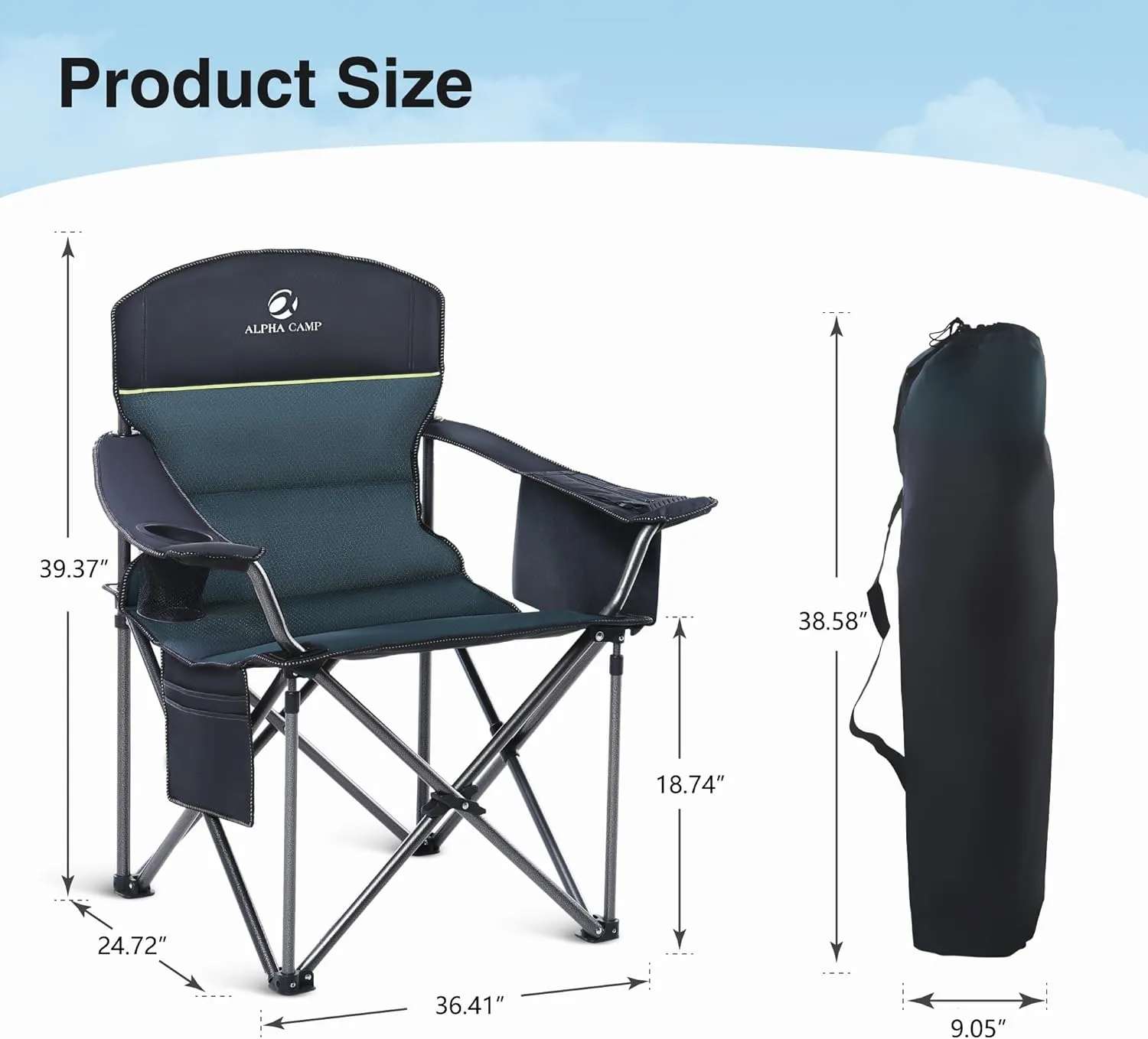 Oversized Camping Folding Chair, Heavy Duty Portable Outdoor Chair, Foldable Camp Chair with Cup Holder and Cooler Bag Support 450 LBS, 2 Pack, Green