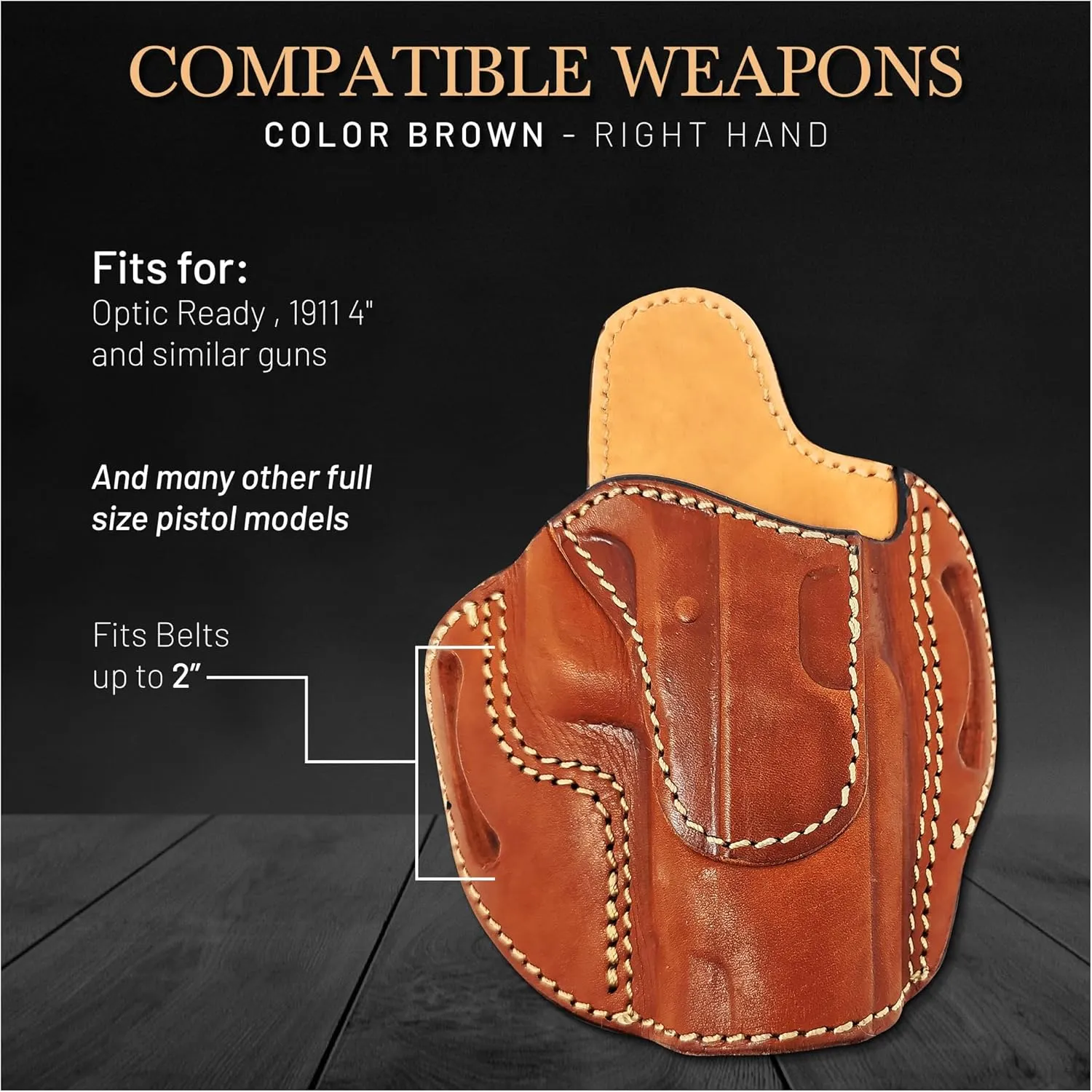 OWB Leather Holsters for Pistols Optic Ready. Fits for 1911 4" and Similar Full Size Guns. Leather Gun Holsters