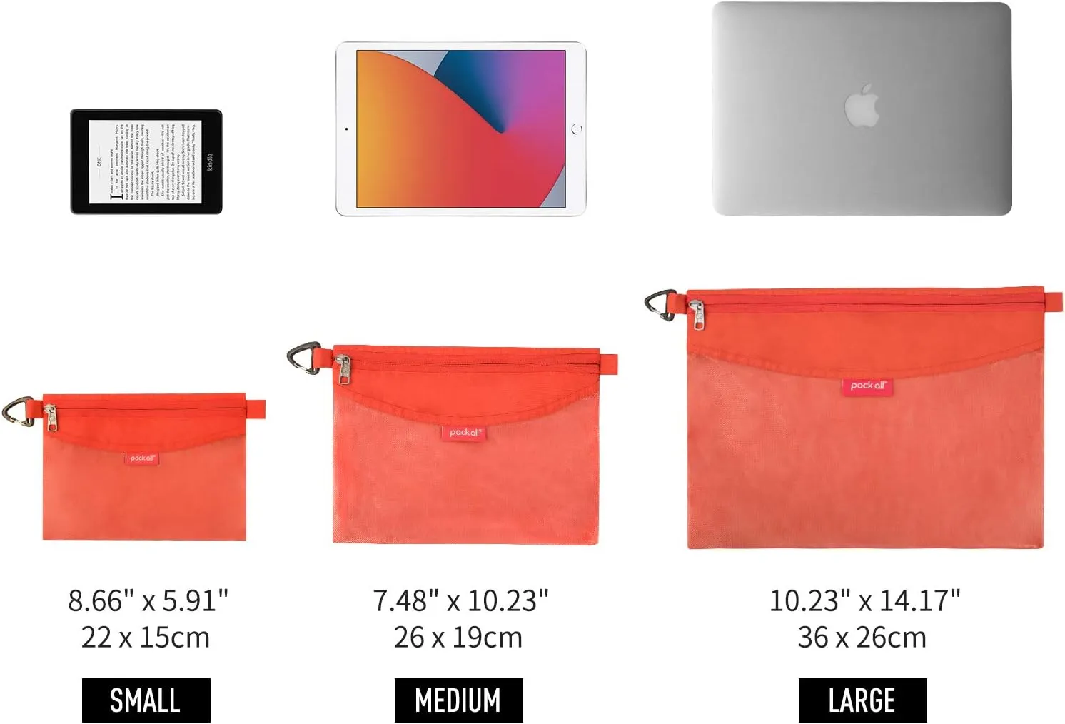 pack all 3 Pcs Water-resistant Material Zipper Pouch Set, Mesh Zipper Bags for Storage, Travel, Office (Orange)