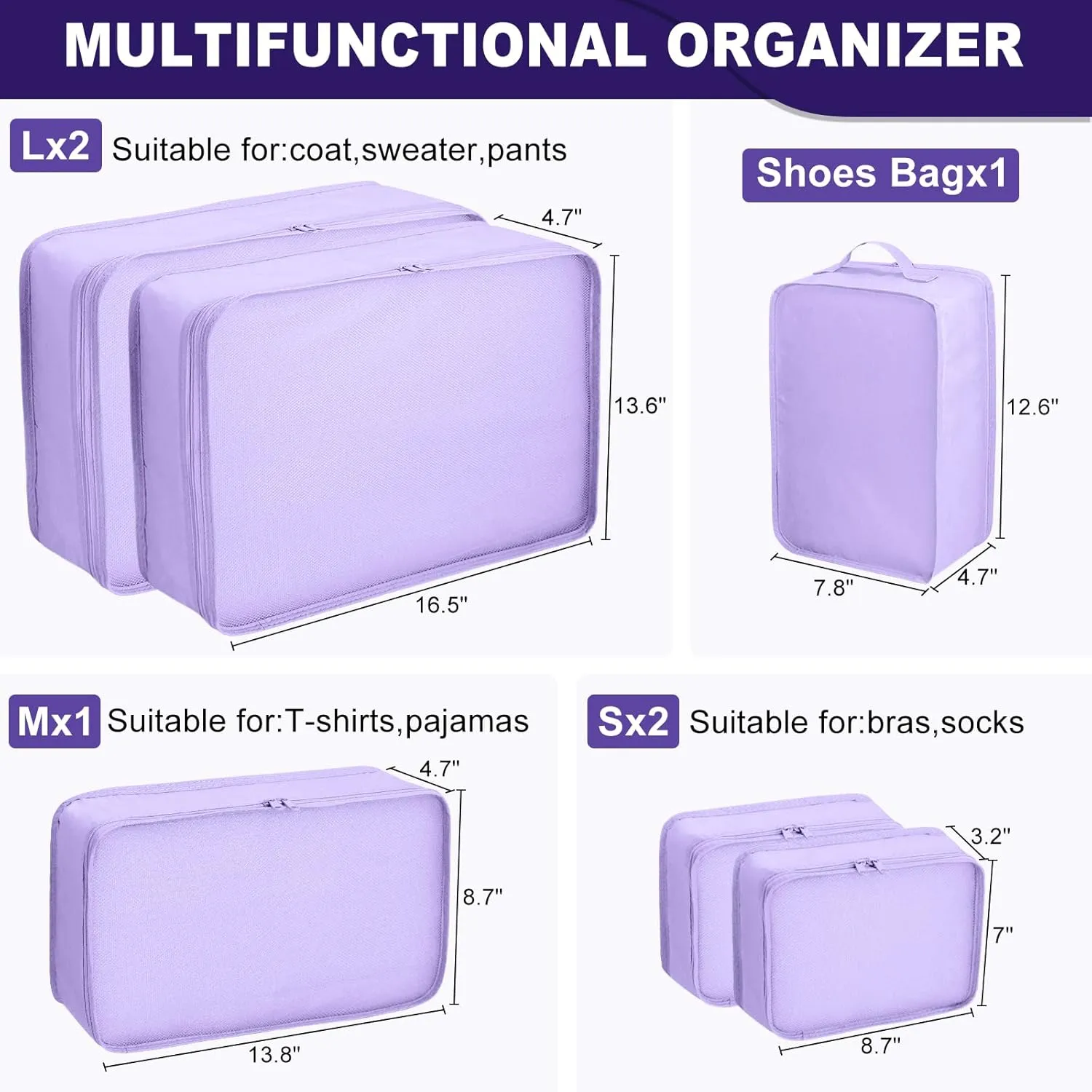 Packing cubes for Travel Luggage Organizer Bags 6 Set Packing Cubes for Suitcases Travel Essentials for Carry on Mesh Suitcase Organizer with Shoe Bag (purple)