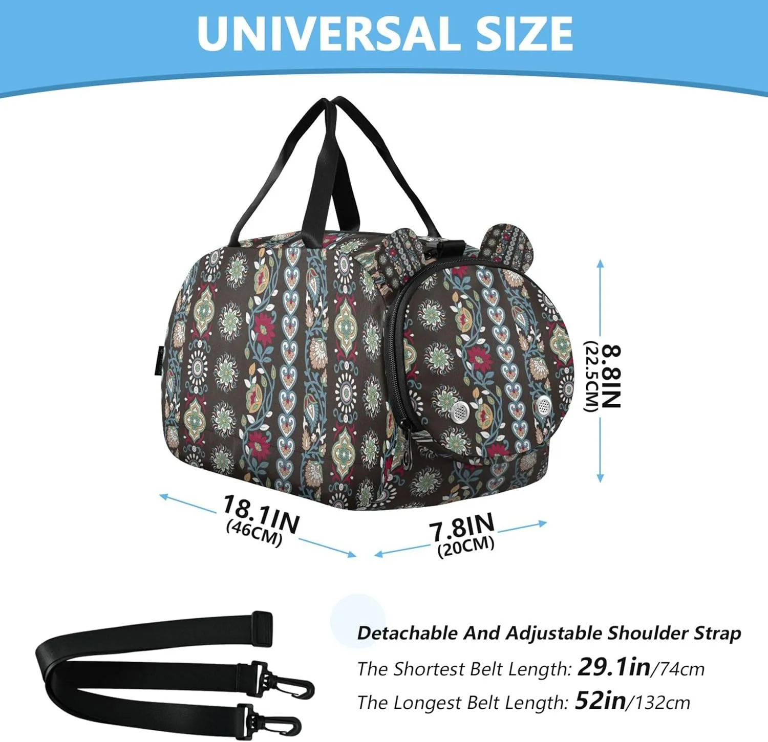 Paisley Black Small Gym Bag with Shoes Compartment Large Capacity Weekend Travel Bag for Travel, Sports, Duffel, Weekender