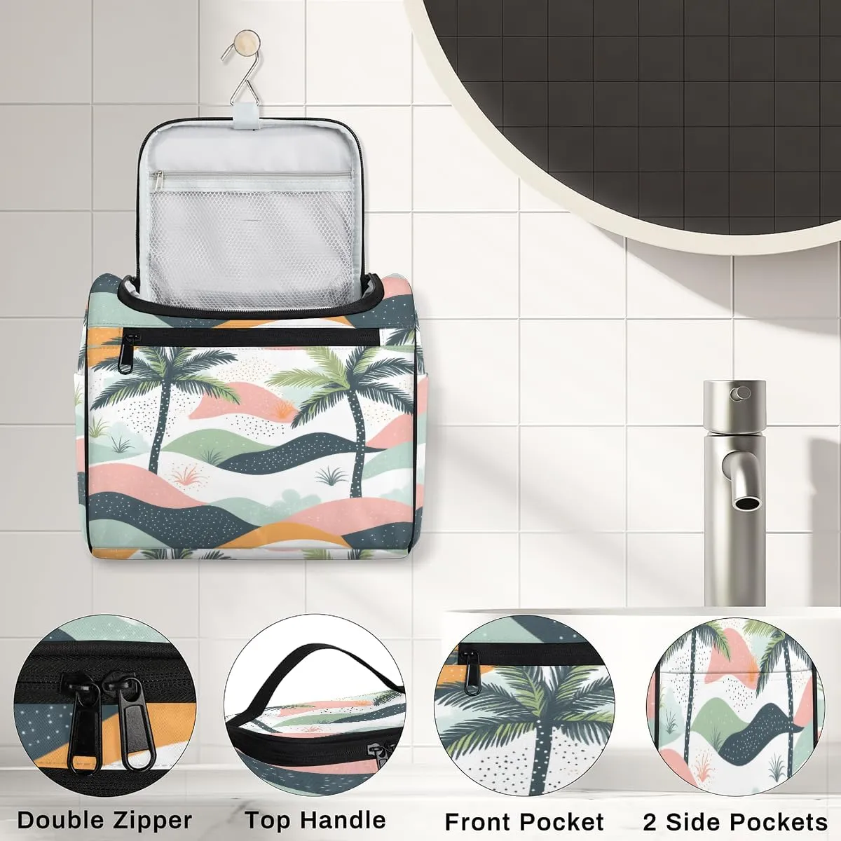 Palm Travel Toiletry Bag for Women Large Capacity Wide-open Makeup Organizer Cosmetic Travel Bags for Toiletries, Tropical Plants Coconut Tree