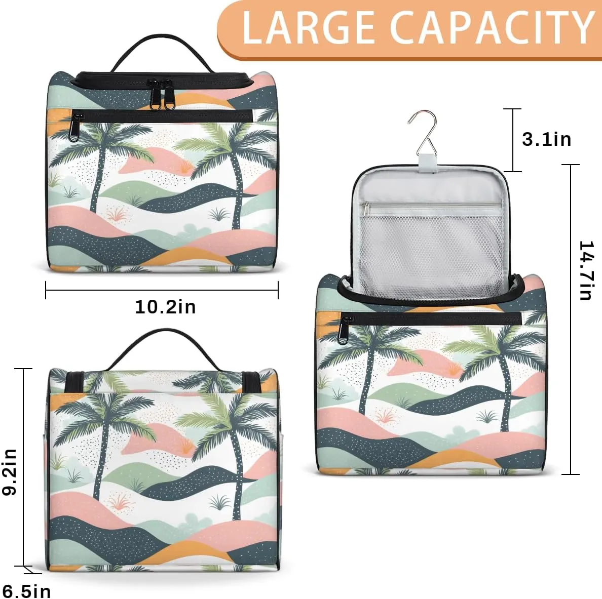 Palm Travel Toiletry Bag for Women Large Capacity Wide-open Makeup Organizer Cosmetic Travel Bags for Toiletries, Tropical Plants Coconut Tree