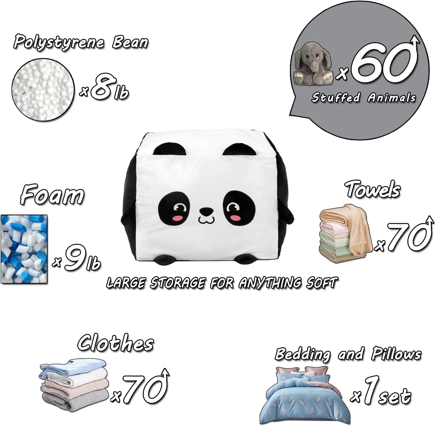 Panda Stuffed Animal Bean Bag Chair Cover Toy Storage Large Size 24x24 Inch Velvet Extra Soft Plush Organization for Kids Toys Blankets Towels Clothes Household Supplies