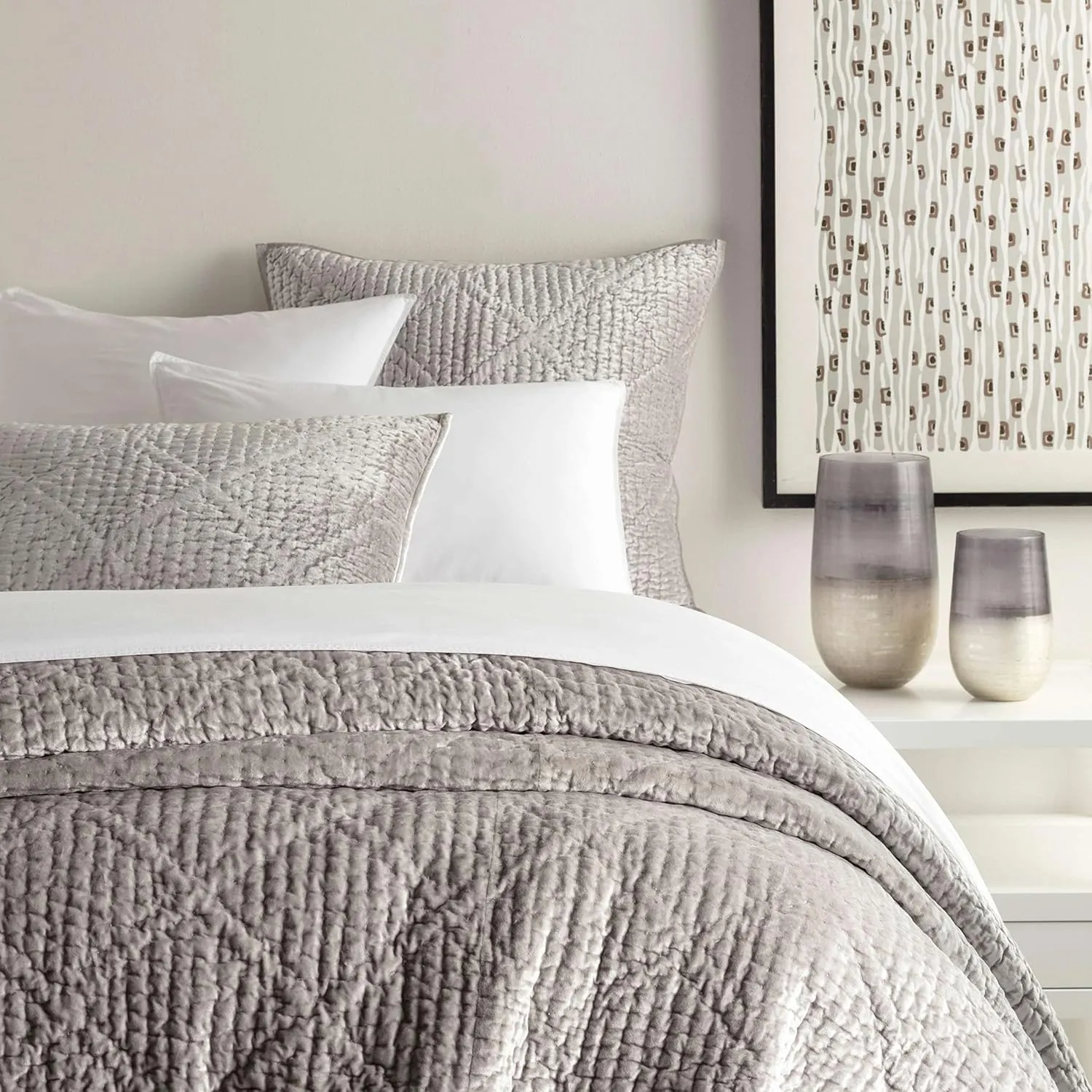 Parisienne Velvet Grey Quilted Sham, Standard Size, Grey Solid Pattern