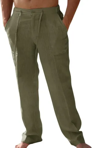 PASLTER Mens Casual Linen Pants Loose Fit Elastic Drawstring Waist Straight-Legs Summer Yoga Beach Long Pants