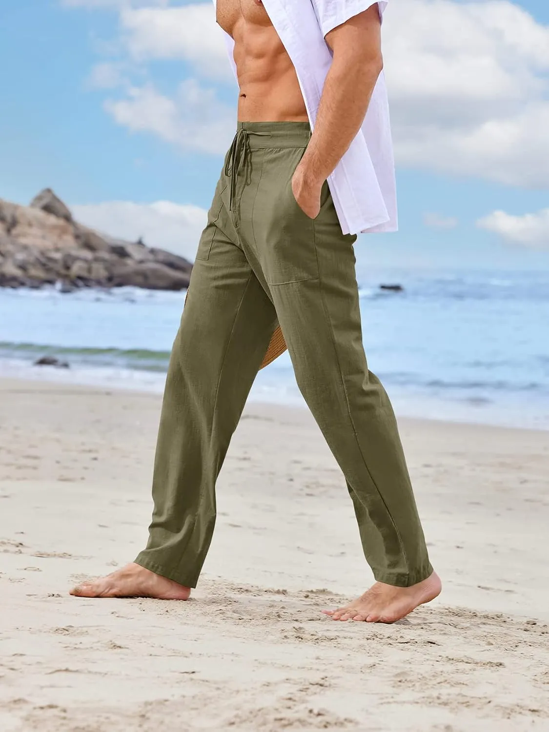 PASLTER Mens Casual Linen Pants Loose Fit Elastic Drawstring Waist Straight-Legs Summer Yoga Beach Long Pants