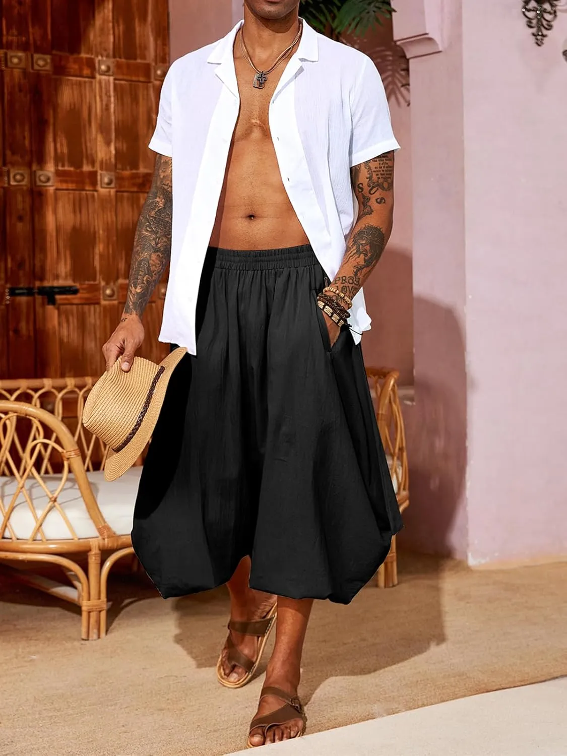 PASLTER Mens Harem Pants Linen Yoga Beach Baggy Summer Boho Aladdin Genie Pants