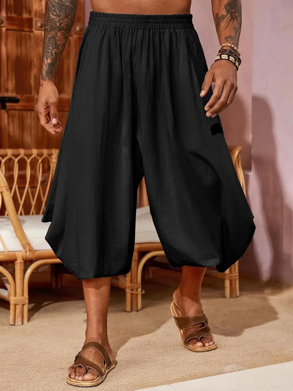 PASLTER Mens Harem Pants Linen Yoga Beach Baggy Summer Boho Aladdin Genie Pants