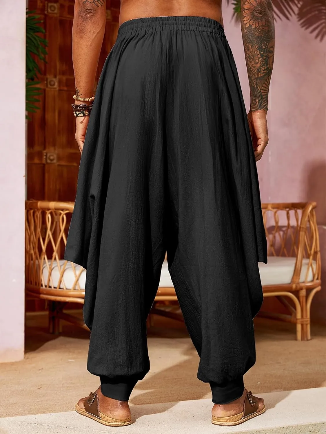 PASLTER Mens Harem Pants Linen Yoga Beach Baggy Summer Boho Aladdin Genie Pants