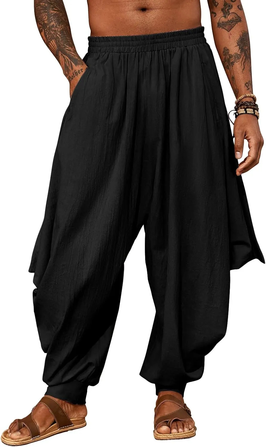 PASLTER Mens Harem Pants Linen Yoga Beach Baggy Summer Boho Aladdin Genie Pants