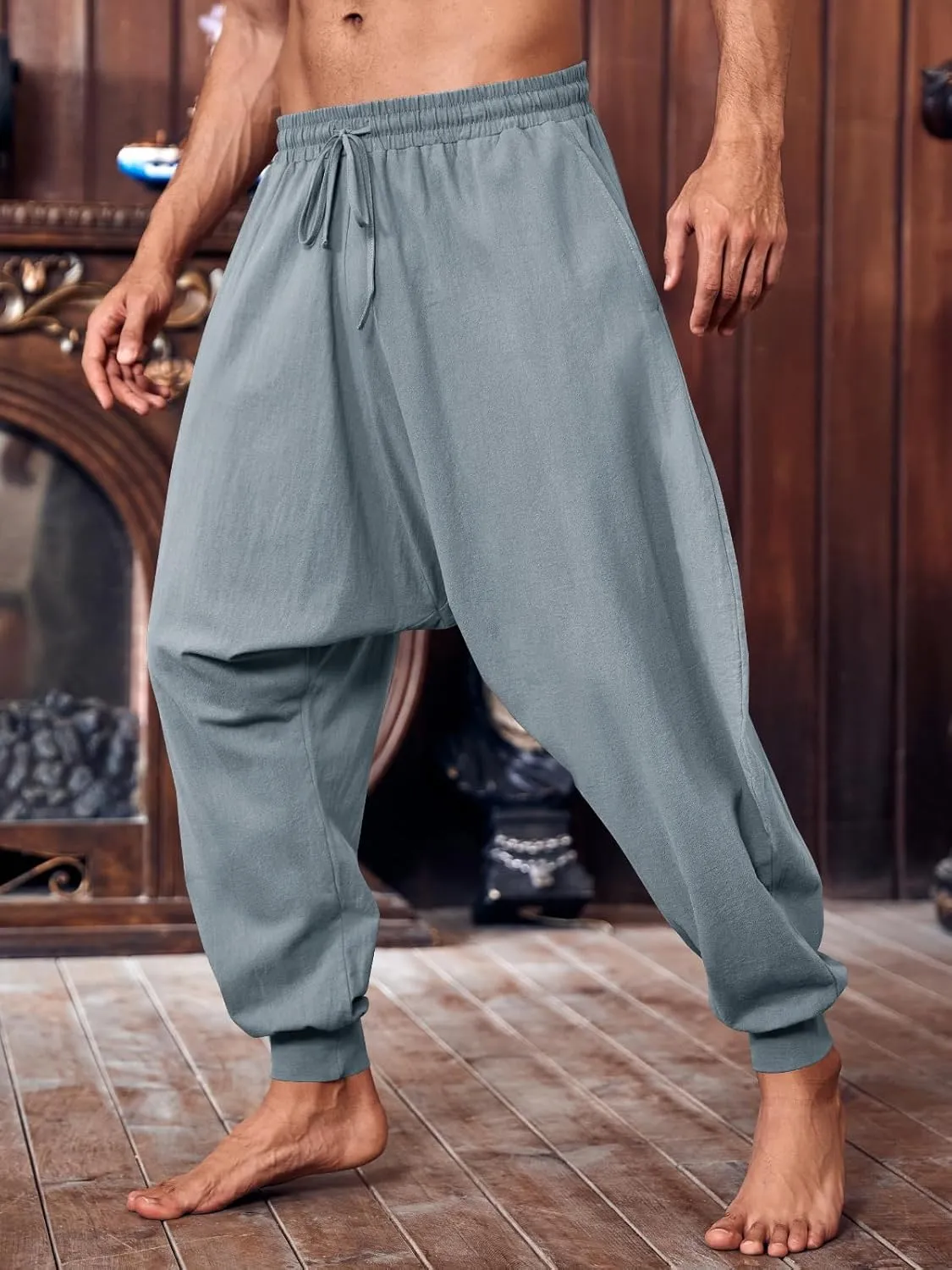 PASLTER Mens Pirate Pants Medieval Viking Costume Trousers Renaissance Halloween Baggy Harem Linen Pants