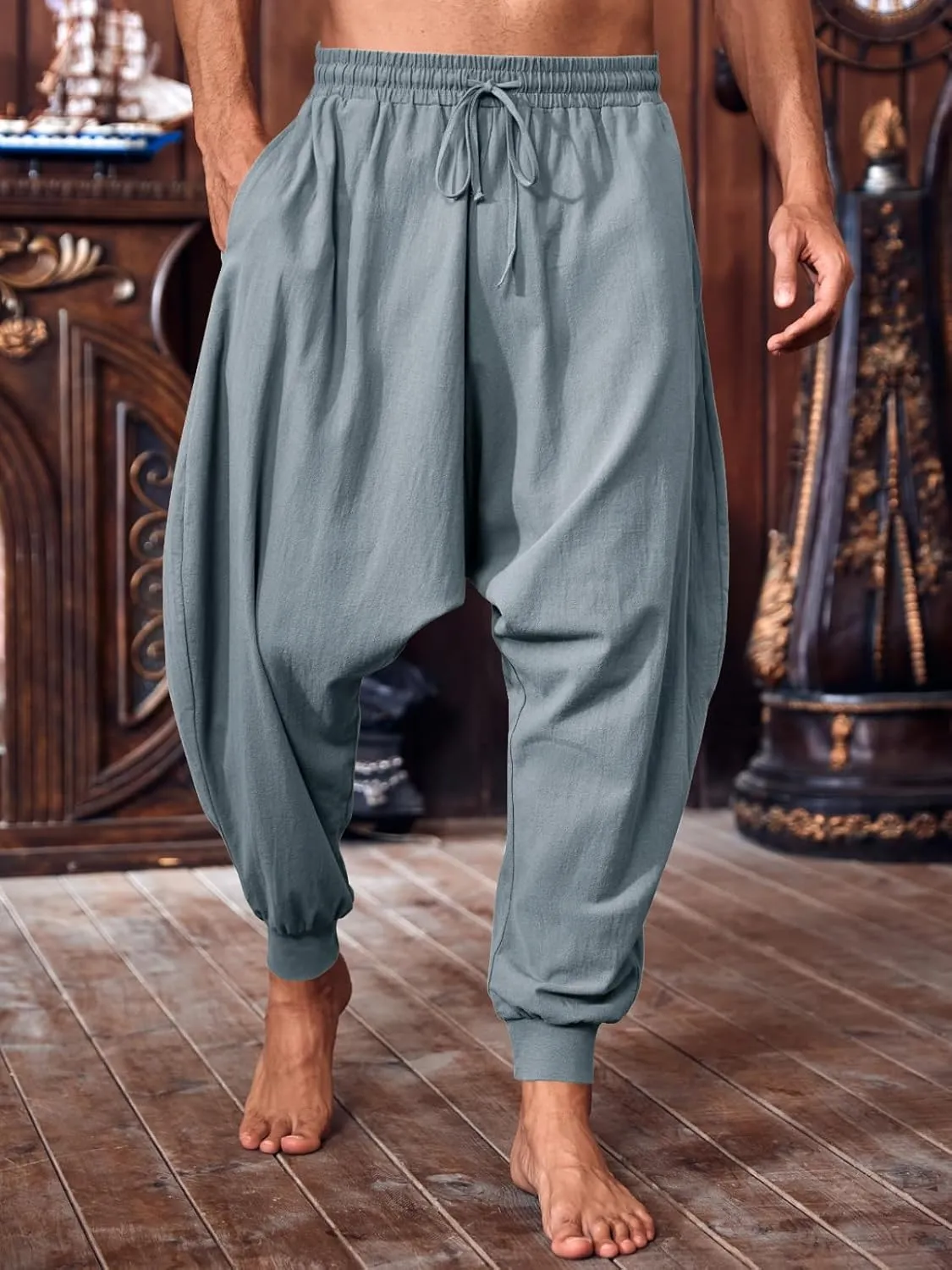 PASLTER Mens Pirate Pants Medieval Viking Costume Trousers Renaissance Halloween Baggy Harem Linen Pants
