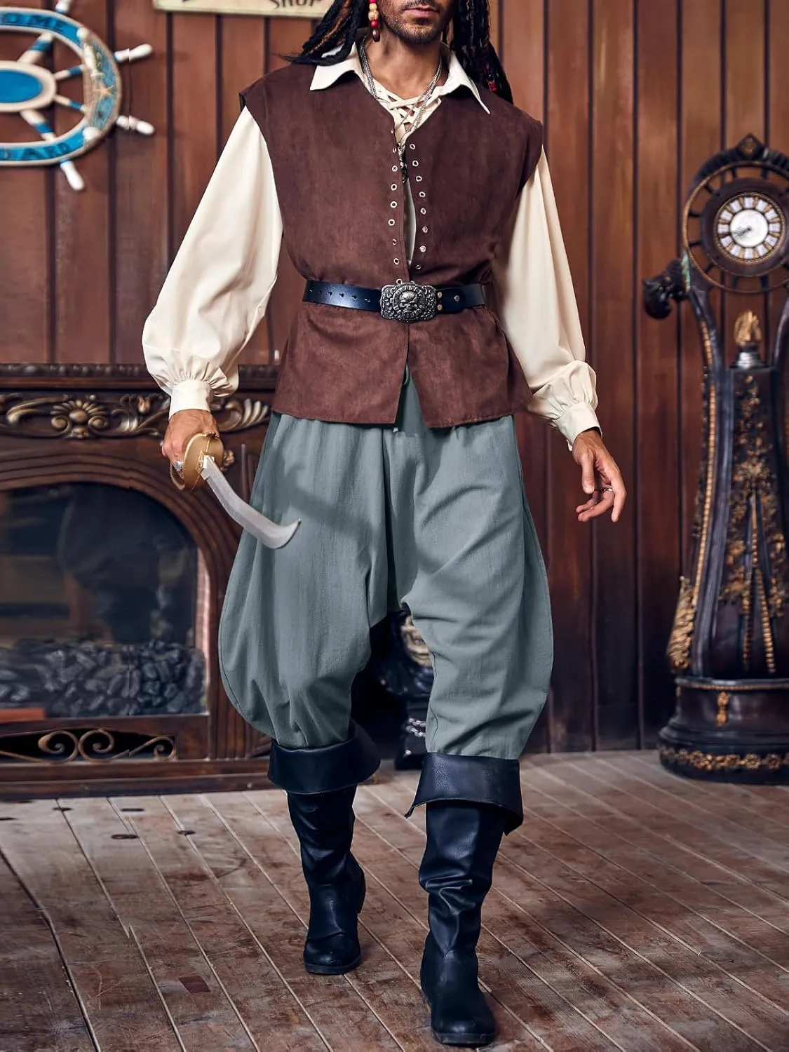 PASLTER Mens Pirate Pants Medieval Viking Costume Trousers Renaissance Halloween Baggy Harem Linen Pants