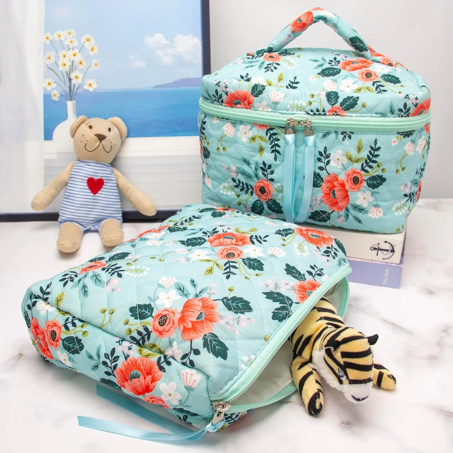 PAZIMIIK Cotton Makeup Bag for Women Large Quilted Travel Cosmetic Pouch Girls' Make Up Organizer,Flower Green