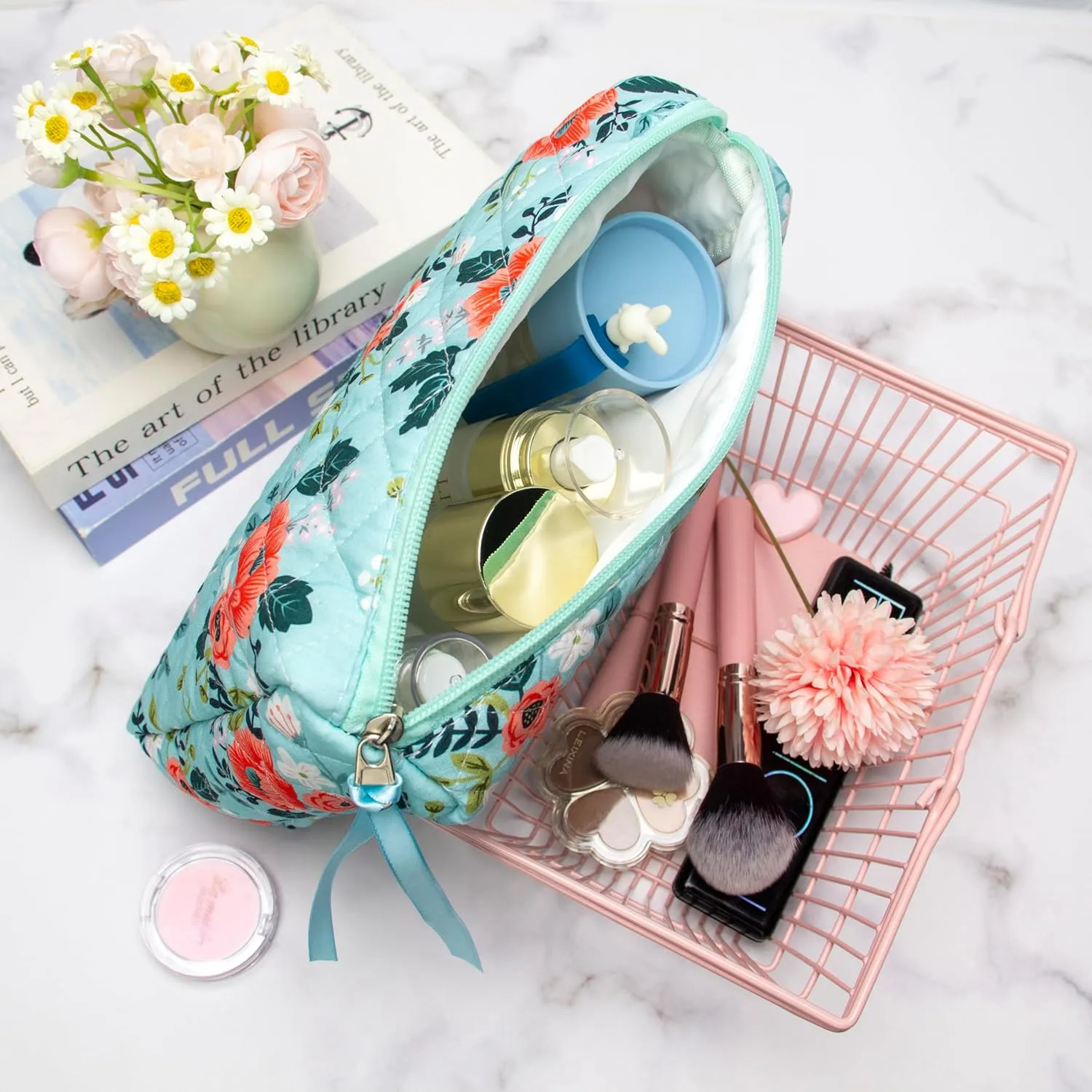 PAZIMIIK Cotton Makeup Bag for Women Large Quilted Travel Cosmetic Pouch Girls' Make Up Organizer,Flower Green