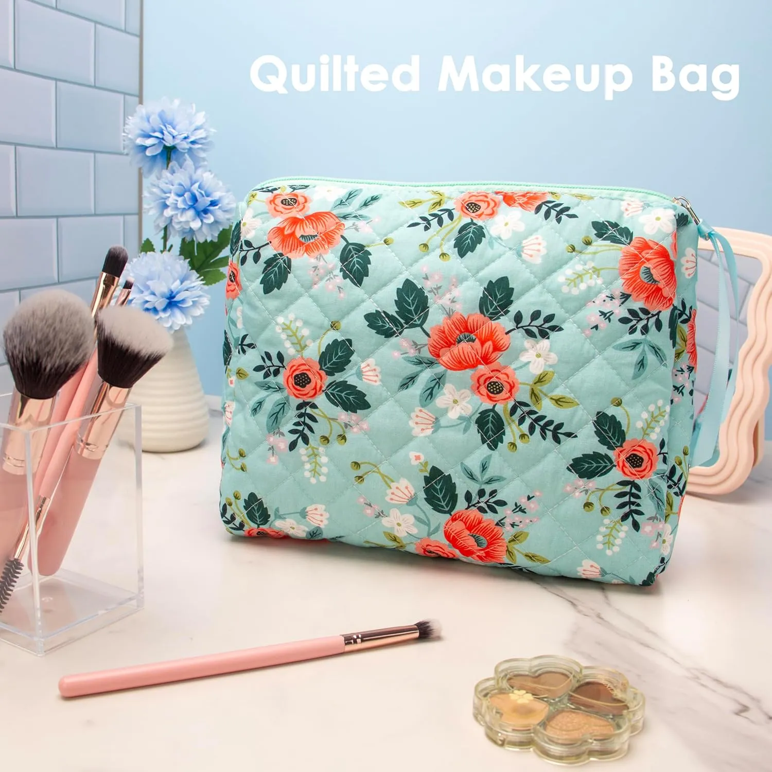 PAZIMIIK Cotton Makeup Bag for Women Large Quilted Travel Cosmetic Pouch Girls' Make Up Organizer,Flower Green
