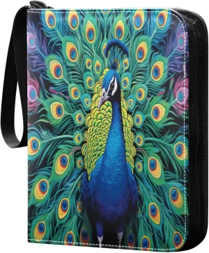 Peacock Painting Card Binder with 50 Removable Page Sleeves PU Leather Collectible Trading Card Albums Book with Zipper for Games Card,Baseball Cards