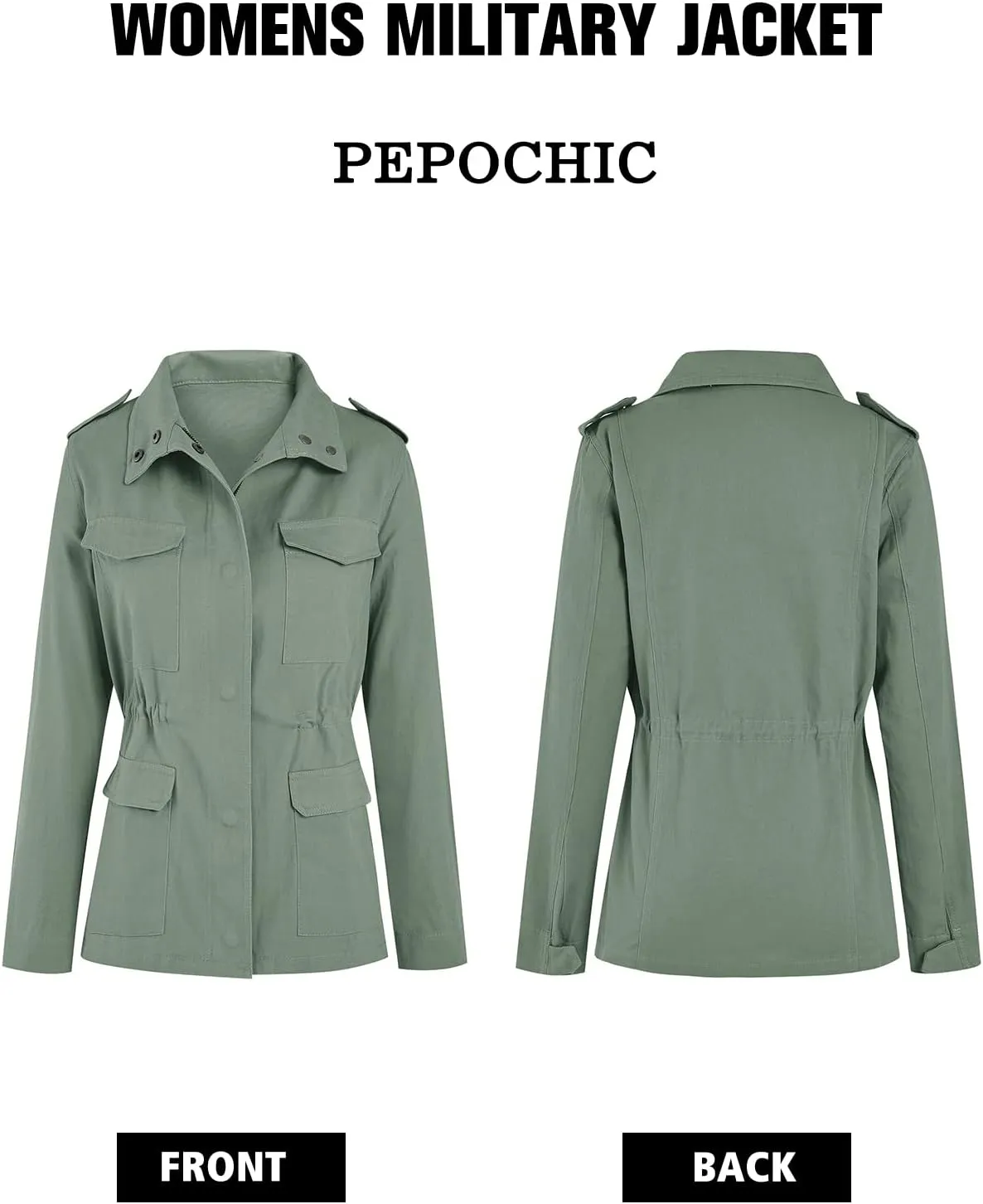 Pepochic Womens Military Jacket Zip Up Snap Buttons Lightweight Utility Anorak Field Safari Coat Outwear