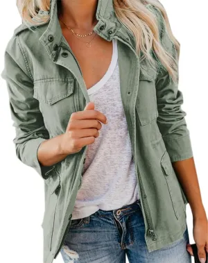 Pepochic Womens Military Jacket Zip Up Snap Buttons Lightweight Utility Anorak Field Safari Coat Outwear