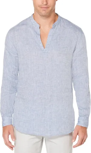 Perry Ellis Men's Long Sleeve 100% Linen Popover Shirt with Banded Collar, Solid Lightweight & Breathable Fabric, Versatile