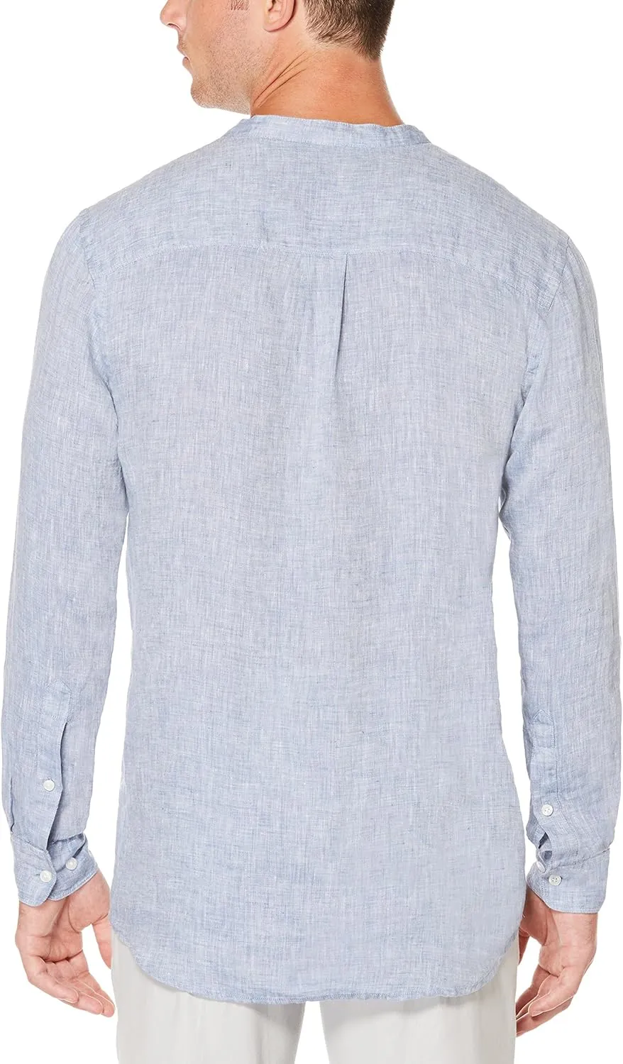 Perry Ellis Men's Long Sleeve 100% Linen Popover Shirt with Banded Collar, Solid Lightweight & Breathable Fabric, Versatile