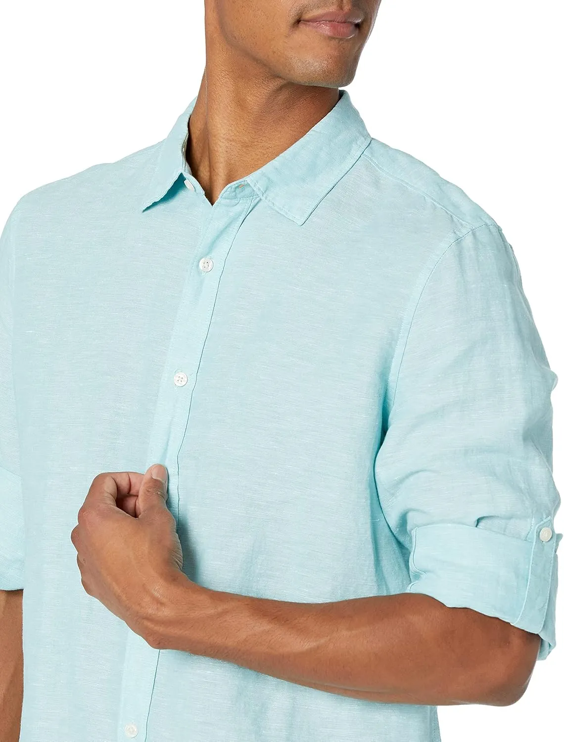 Perry Ellis Men's Roll Sleeve Solid Linen Cotton Button-Down Shirt (Size Small-Xx-Large)