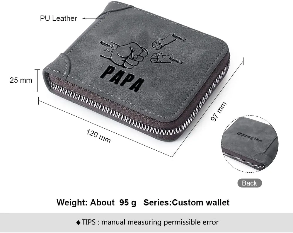 Personalised Men Custom Zipper Wallets Engraved 2-5 Names Bifold Leather Wallet Purse for Dad Husband Papa Grandpa from Daughter Son (3 Names)