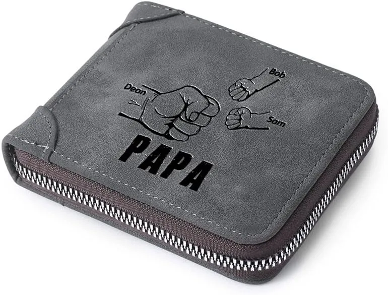 Personalised Men Custom Zipper Wallets Engraved 2-5 Names Bifold Leather Wallet Purse for Dad Husband Papa Grandpa from Daughter Son (3 Names)
