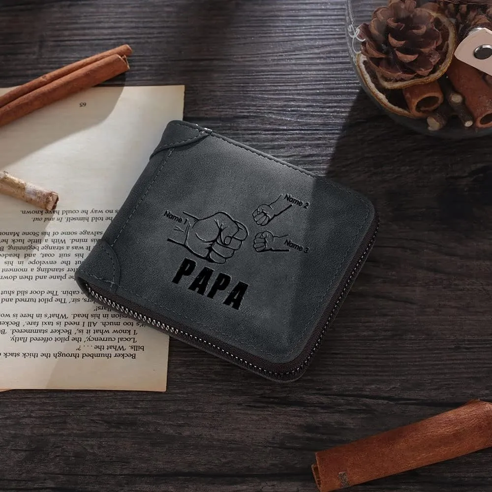 Personalised Men Custom Zipper Wallets Engraved 2-5 Names Bifold Leather Wallet Purse for Dad Husband Papa Grandpa from Daughter Son (3 Names)