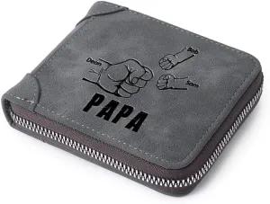 Personalised Men Custom Zipper Wallets Engraved 2-5 Names Bifold Leather Wallet Purse for Dad Husband Papa Grandpa from Daughter Son (3 Names)