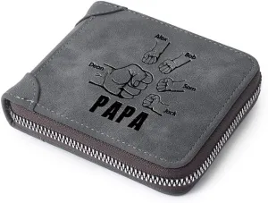 Personalised Men Custom Zipper Wallets Engraved 2-5 Names Bifold Leather Wallet Purse for Dad Husband Papa Grandpa from Daughter Son (5 Names)