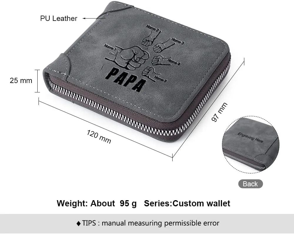 Personalised Men Custom Zipper Wallets Engraved 2-5 Names Bifold Leather Wallet Purse for Dad Husband Papa Grandpa from Daughter Son (5 Names)