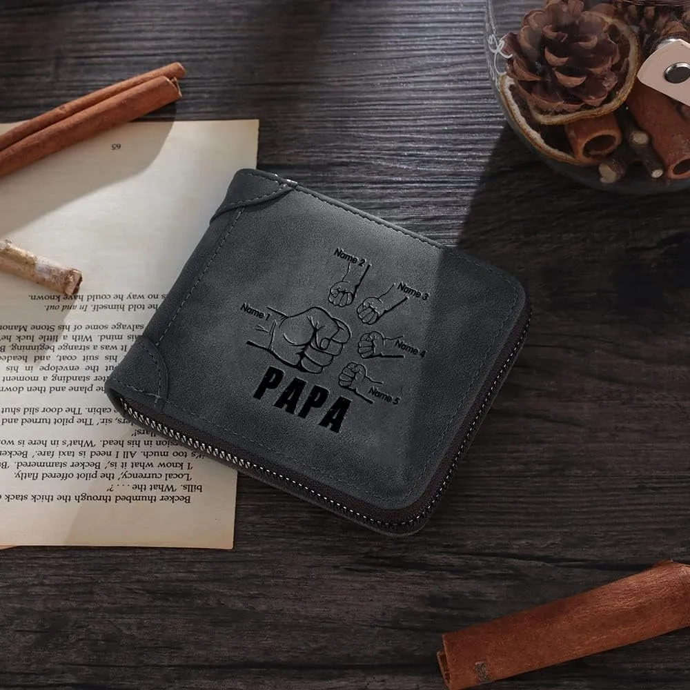 Personalised Men Custom Zipper Wallets Engraved 2-5 Names Bifold Leather Wallet Purse for Dad Husband Papa Grandpa from Daughter Son (5 Names)