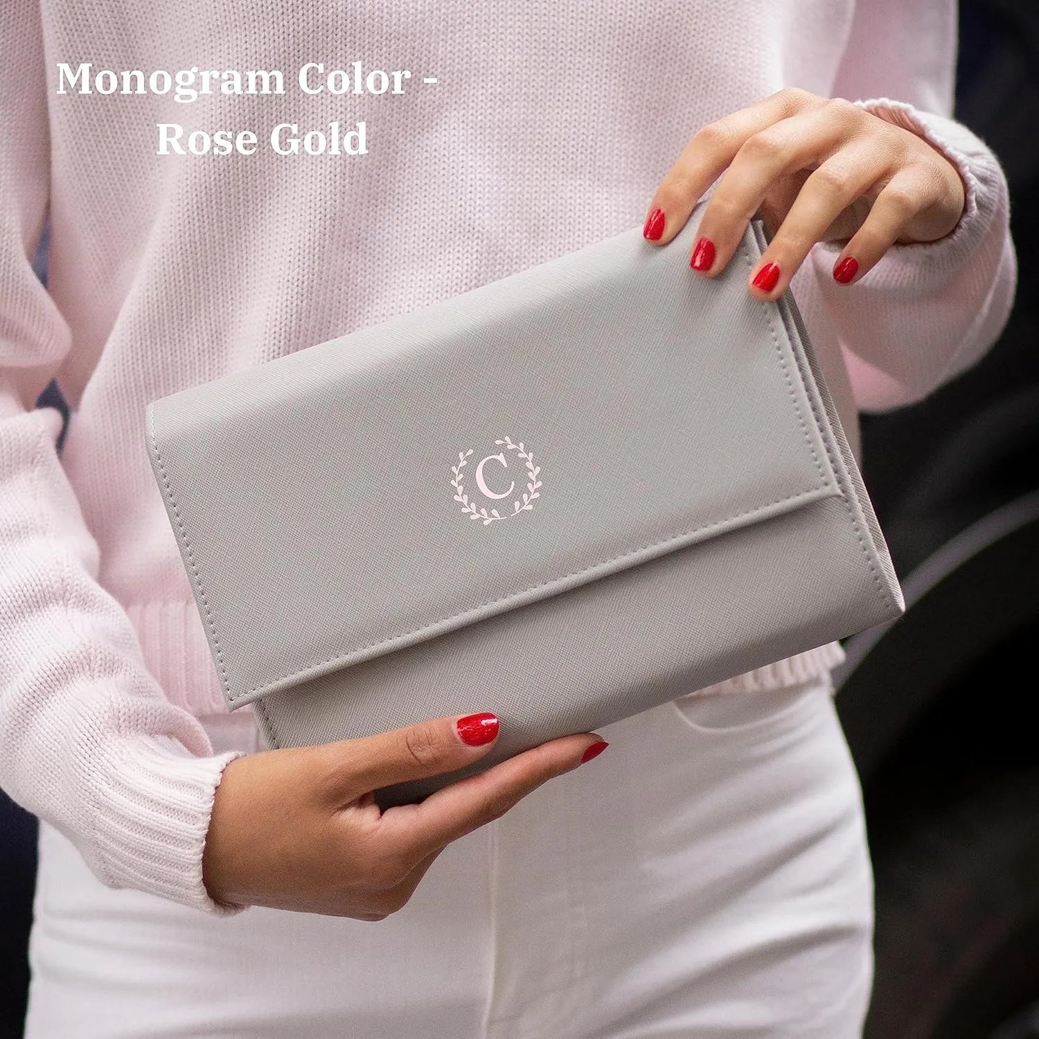 Personalized Initial Travel Jewelry Case - Monogram Custom Gifts For Women, Bridesmaid Proposal Gifts, Travel Jewelry Organizer, Customized Travel Jewelry Box, Birthday Gifts For Mom (C, Pebble Grey)