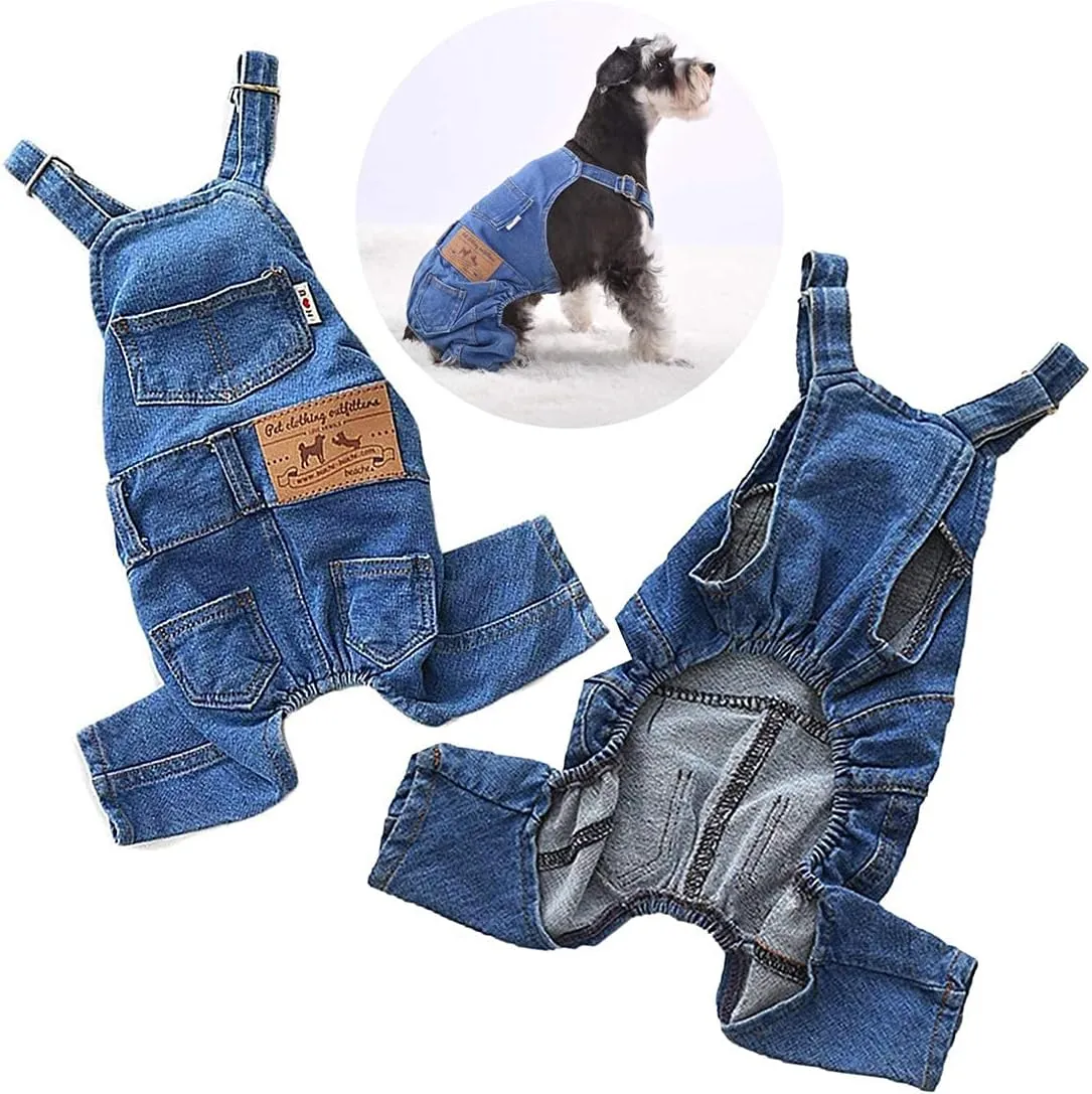 Pet Clothes Elastic Jeans Overalls Comfortable Washed Denim Cute Style for Puppy (M)