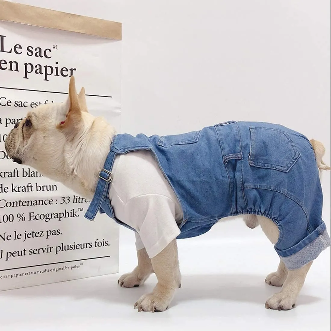 Pet Clothes Elastic Jeans Overalls Comfortable Washed Denim Cute Style for Puppy (M)