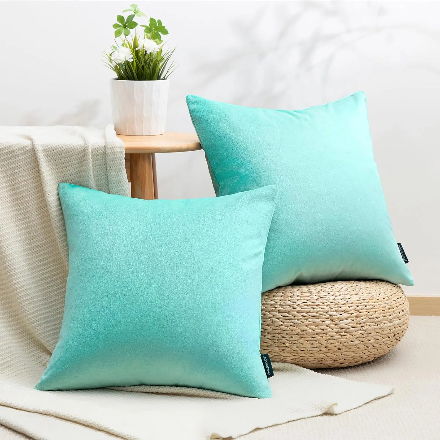 Phantoscope Pack of 2 Velvet Decorative Throw Decorative Pillow Cover Soft Solid Square Cushion Case for Couch Light Turquoise 18 x 18 inches 45 x 45 cm